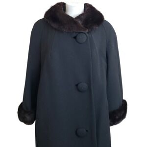VTG 50s 60s Golet Original Peau de Faille Black Dress Coat Mink Fur Collar Cuffs